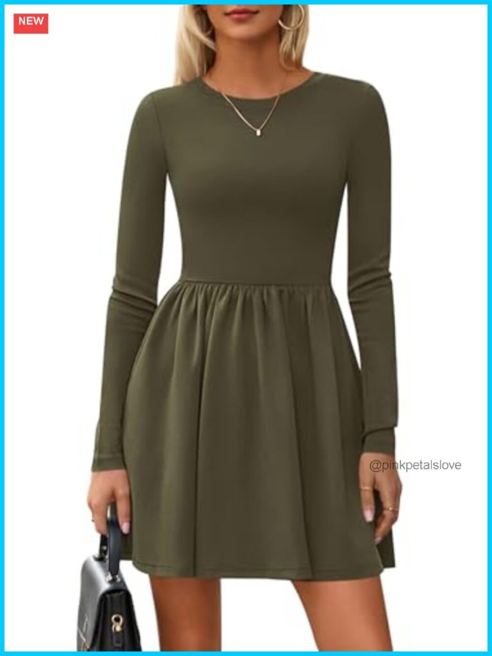 Long Sleeve Mini Dress Pleated A-Line Fit & Flare Babydoll with Pockets Casual
